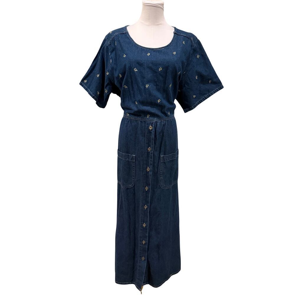 Vintage Erika Co Embroidered Chambray Denim Midi Dress 1X Cotton Cottage Modest - Picture 2 of 12